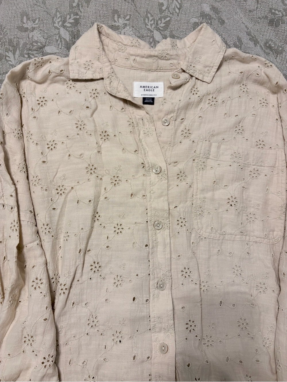 American Eagle Outfitters Beige Eyelet Button-Down Shirt